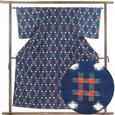 Recycled Silk Tsumugi Kimono Kasuri Pattern Navy Women M, Unused 