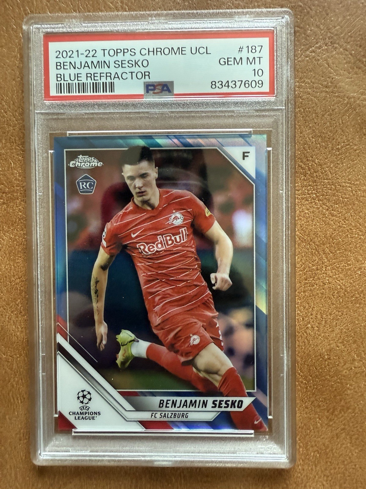 2021-22 Topps Chrome UCL Benjamin Sesko RC True Blue Refractor /150 PSA 10 Gem