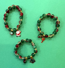 Set of 3- Christmas Beaded Stretch Bracelets with Holiday Hanging Charms