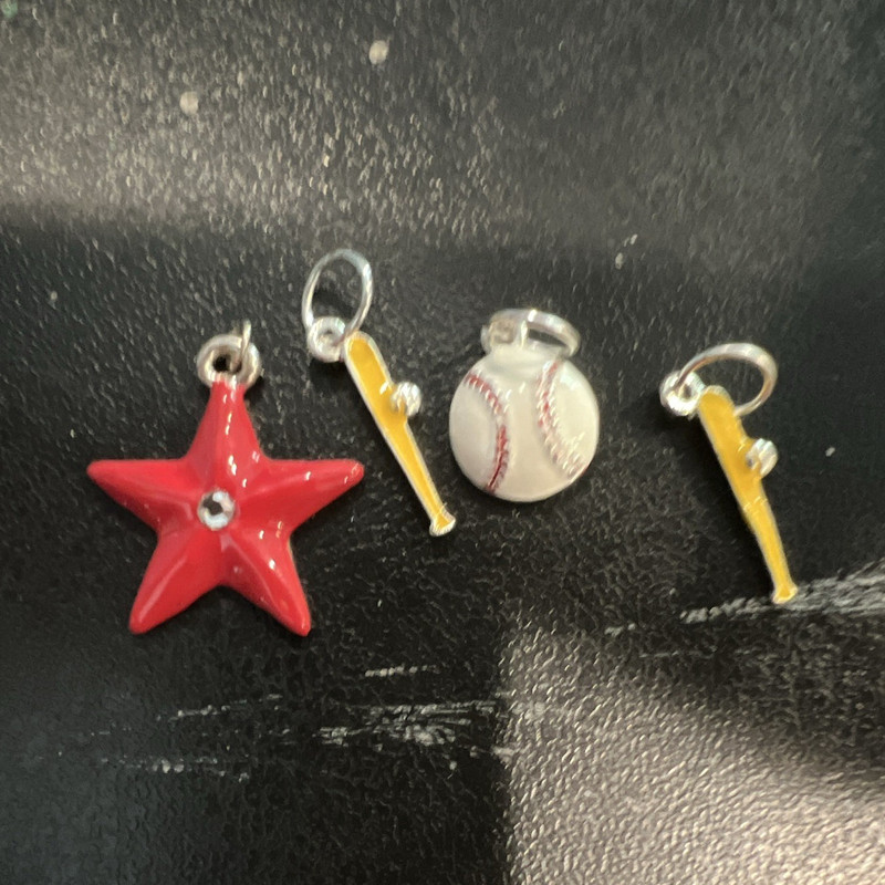 Lot of 4 Enamel Metal Charm Pendants Baseball, 2 Yellow Bats, Red Star