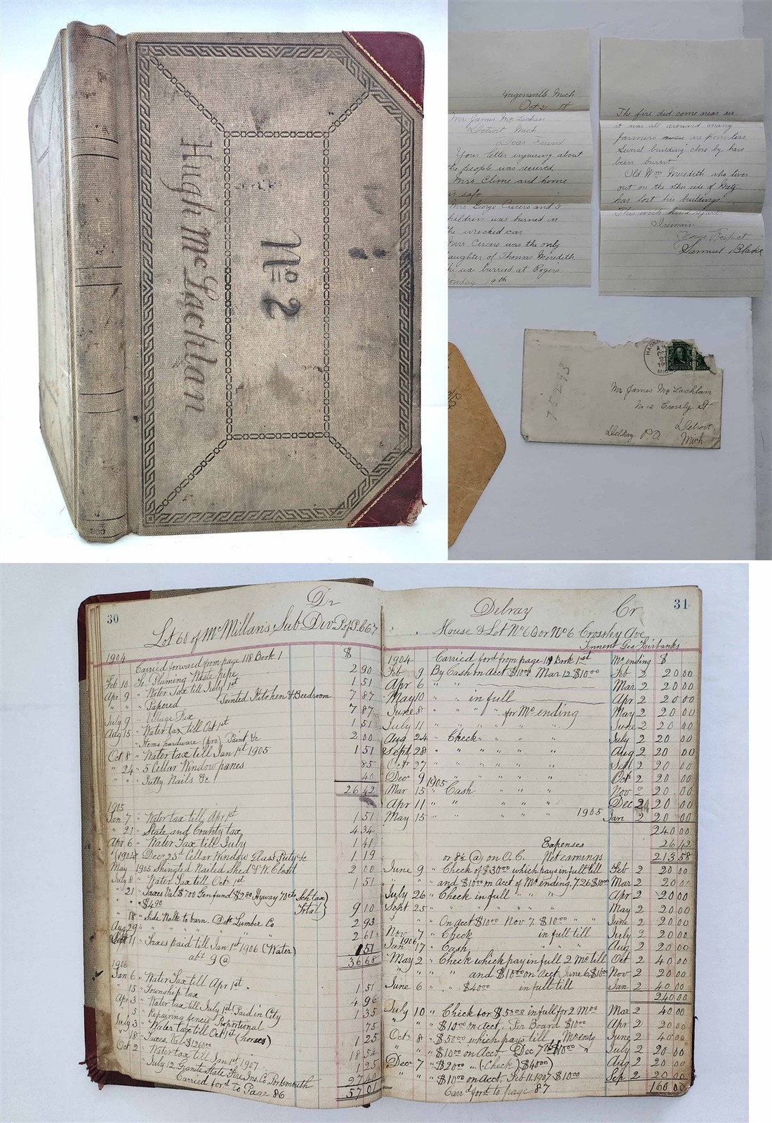 1904 Antique Real Estate Ledger Detroit Mi Hugh Mclachlan Delray + Letter James
