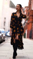 Ganni Size 36 Fairfax Georgette Wrap Dress Black Floral Casual Cocktail
