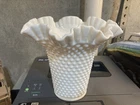 Large Vintage  Fenton Hobnail Milk Glass Vase with Ruffled Rim 8" Tall