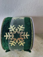 Celebrate It Wire-Edged Glitter Snowflake Ribbon Green Gold Christmas 3.5" x 20  