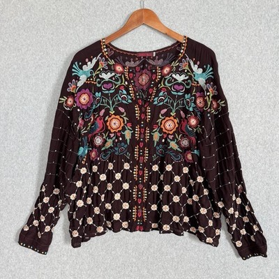 Johnny Was Brady Top Blouse Floral Birds Embroidered Boho Maroon Size Medium M