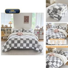 PAJEO Fleece Comforter Set Queen, 3 Piece Sherpa Bedding Set, Grey White YGR