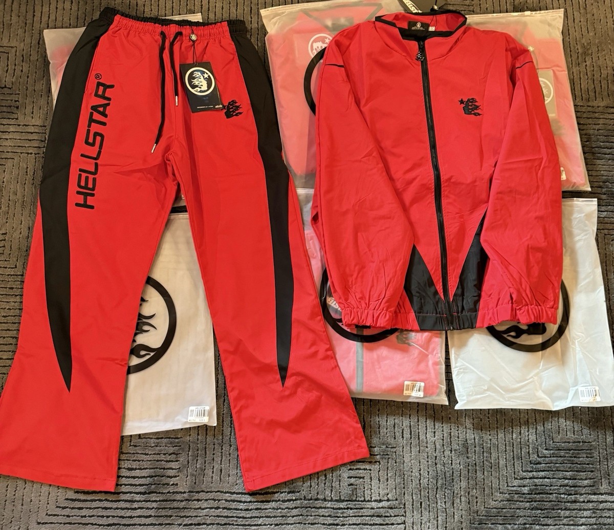 Hellstar Red Black Colorblock Tracksuit Men's Jacket & Pants Set