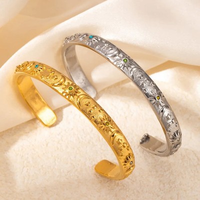 Moon Star Sun Bangle Bracelet Gold Silver Tone Open Cuff Vintage Women Jewelry