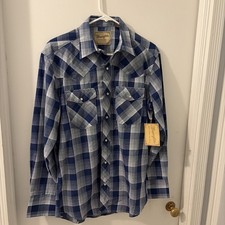 NWT Wrangler Mens Western Shirt M Blue Plaid Pearl Snap Long Sleeve