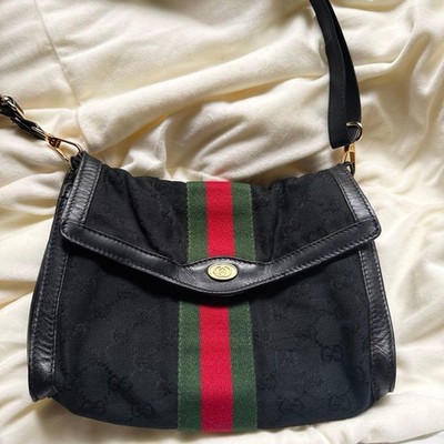 GUCCI 37.04.3657 GG Canvas Sherry Line 2Way Shoulder Bag Black Leather Logo