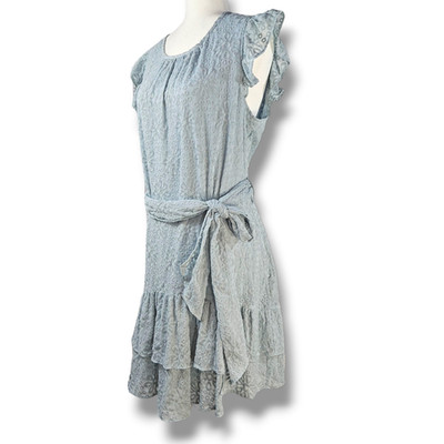 EUC CeCe Flutter Sleeve Tie Waist Tonal Embroidered Mini Dress Sz. 14 Baby Blue