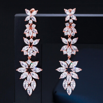 Shiny Cubic Zircon Austrian Crystal Long Gold Plated Leaf Flower Dangle Earrings