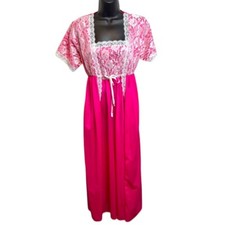 Vintage Hot Pink 2 Piece Gown  Robe, Peignoir Lace Trim Nightgown Set Boho Chic