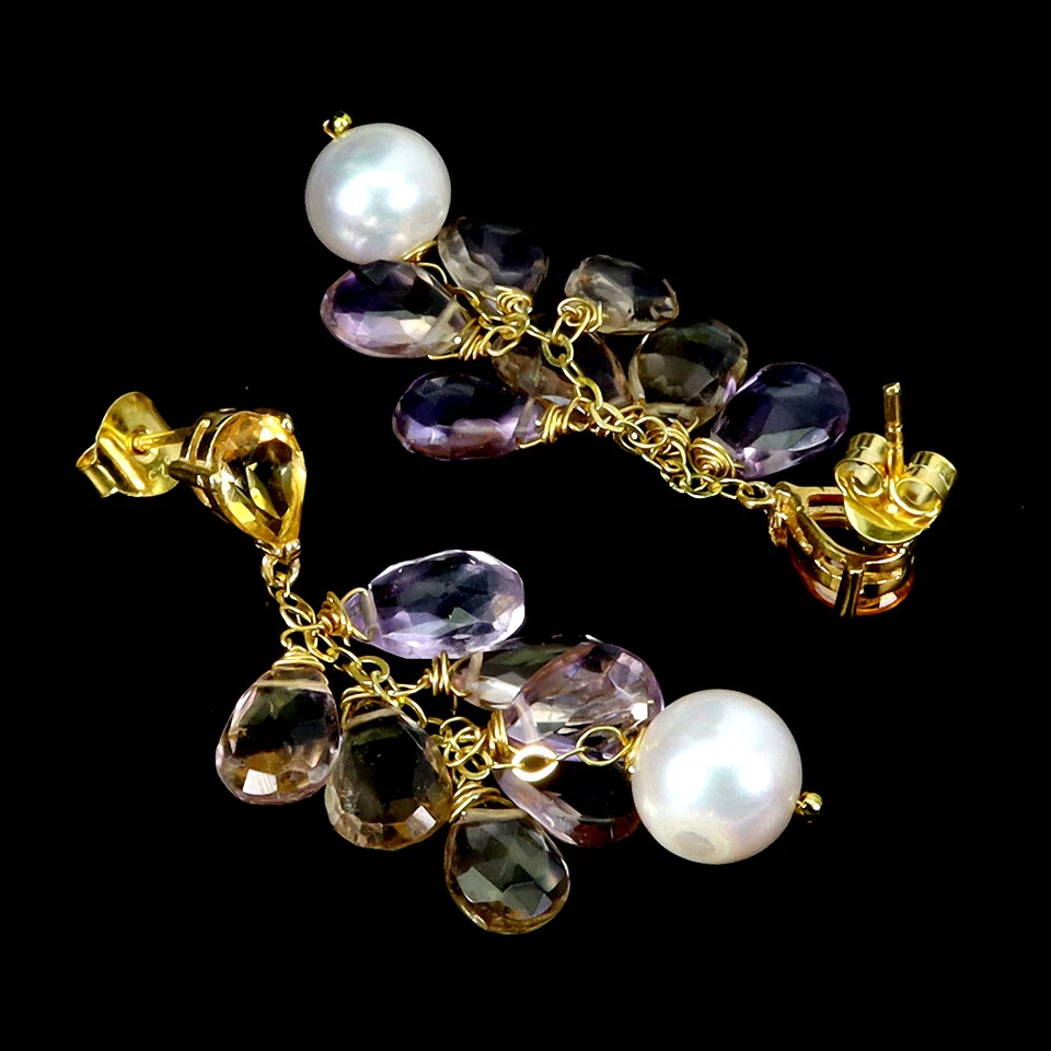 Pendientes de plata de ley 925 briolette ametrino perlas citrino piedras preciosas joyería Foto 3 de 4