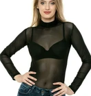Black Mesh Bodysuit Women Leotard Turtleneck Tull Long Sleeve Polo Top Blouse