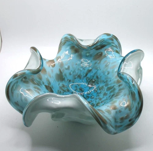 Vintage Murano MCM Uranium glass bowl Blue, white, gold flecks