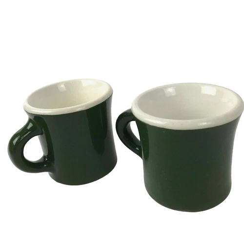 Vintage Mugs Avocado Green and White Stoneware Cup Pair MCM Mod Retro Set