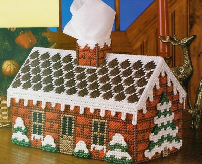 SNOWY BRICK COTTAGE TISSUE COVER CHRISTMAS PLASTIC CANVAS PATTERN INSTRUCTIONS