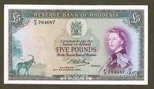 RHODESIA RESERVE BANK 5 POUNDS 1964 ~ P-26 ~ VERY SCARCE TYPE ~ CHOICE XF/AU