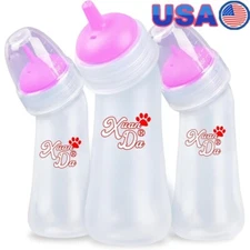 Pet Feeding Bottle Angled Nursing Bottle 3 Nipples Easy Clean Puppies Kittens US