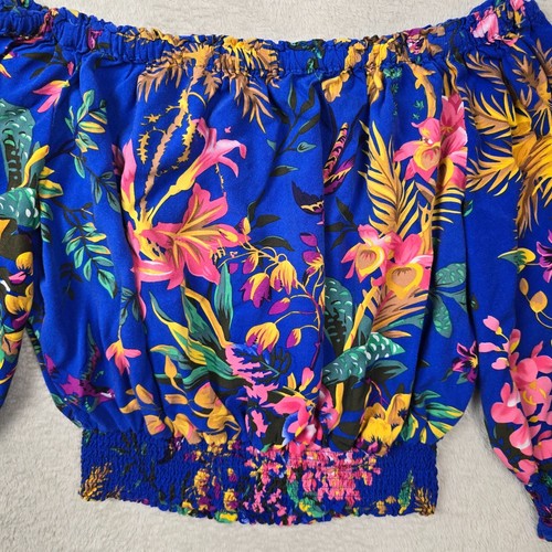 Rachel Roy Off the Shoulder Blouse Womens Large Blue Tropical Floral Summer Crop - Picture 5 of 14