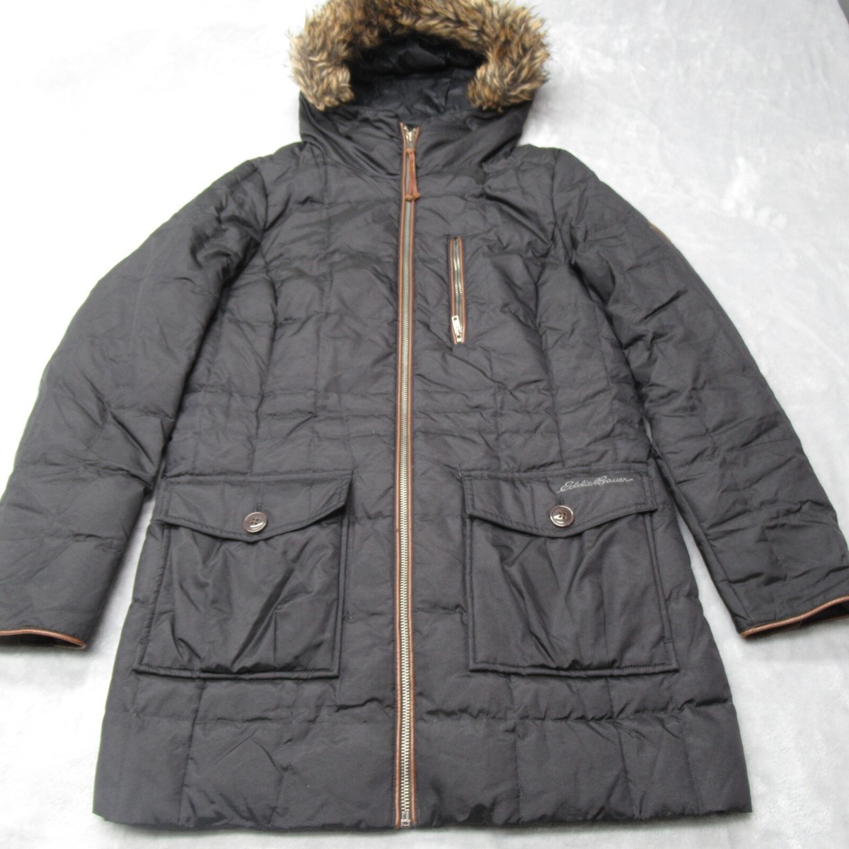 Eddie Bauer Down Parka Jacket Womens PS Brown Faux Fur Hood Trim