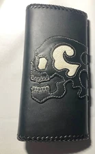 Wildthings Long Black Cowhide Trifold Wallet  w/white Stingray. Biker accesories