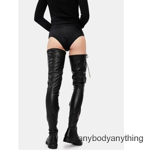 Womens Ladies Over The Knee Flat Thigh High Boots Low Heel Lace Up Riding Shoes - Picture 16 of 22