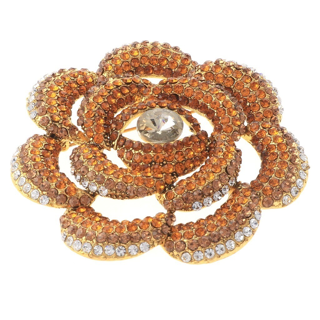 Gold Tone Metal Large Flower Brooch With Rhinestone P1326-BRN | eBay