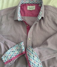 Ted Baker Endurance Shirt Men 16 32/33 Pink Woven Check Flip Cuffs Button Up