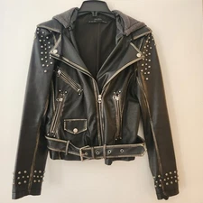 Zara Studded Faux Leather Removable Hood Moto Jacket Women’s Size Small Black