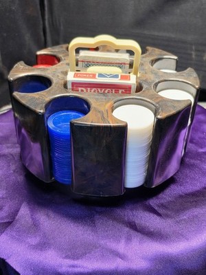 Vintage Rotating Poker Chip Caddy With Playing Cards And Chips