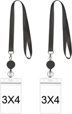 Black Lanyards with Vertical ID Badge Holders and Retractable Reel - 2 Pack