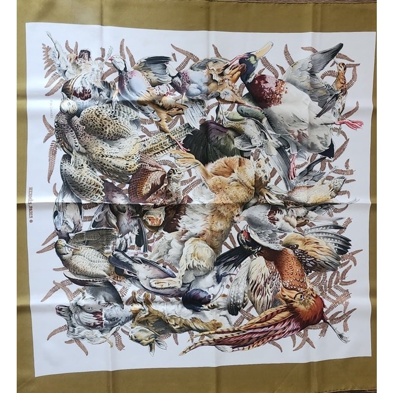 Vintage HERMES Silk Scarf Gibiers Game Animals Print Rabbits Birds Linares