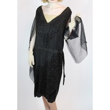Vintage 1920s Beaded sequin Silk Chiffon Flapper Dress, batwing sleeves