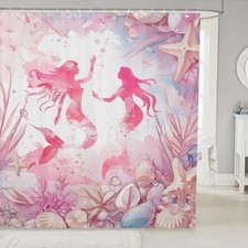 Cartoon Kid Mermaid Shower Curtain,Sealife Coral Shellfish 72"Wx72" L Pink