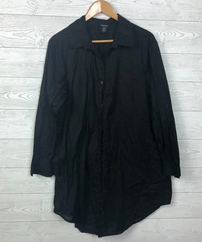 Torrid Women's 2X Long Sleeve Button Front Tunic Shirt 100% Cotton Black Top