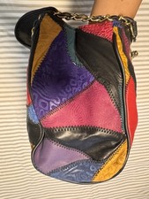 Vintage 80s Leather Patchwork Purse Bag Colorful Rare retro Metal Chain Strap
