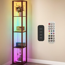 HOMCOM RGB LED Floor Lamp with Shelves and Remote Control for Bedroom, Brown