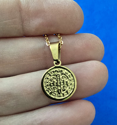 St BENEDICT Medal Protection NECKLACE Pendant Saint Medal Stainless Steel Gold P