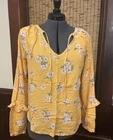 Cloud Chaser Women's V-Neck Yellow Floral Long Sleeve Blouse Shirt Large