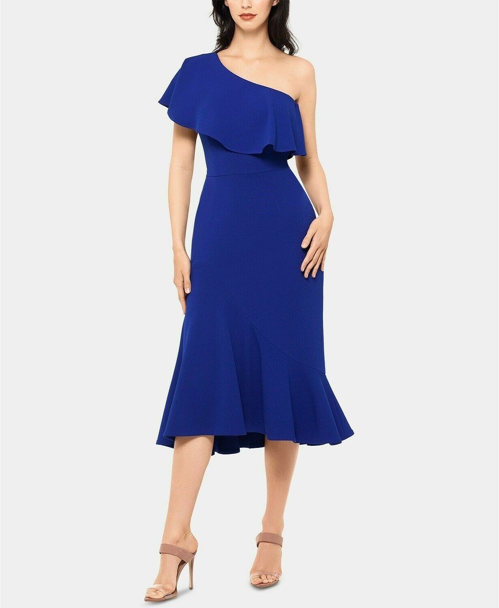 knee length dresses for ladies Betsy & Adam Mariah Metallic Foil One Shoulder Dress A27193 main image 1
