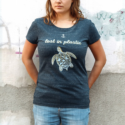STANLEY & STELLA Damen T-Shirt Größe S | Blau | handbedruckt BIO + VEGAN + FAIR