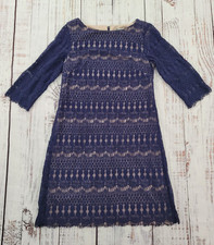 Eliza J Navy 3/4 Sleeve Crochet Lace Overlay Sheath Dress Women's 6