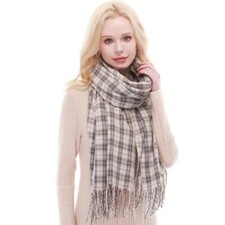 RIIQIICHY Plaid Scarf for Women Fall Winter Pashmina Scarves Blue/Grey/Cream