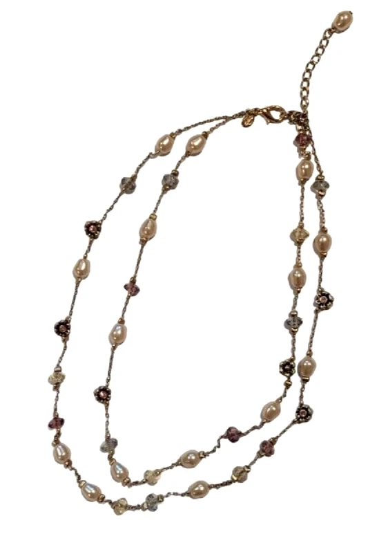 Collar Premier Designs Doble Hilo Imitación Perla Rosa Estrás Flor Dijes Foto 2 de 4