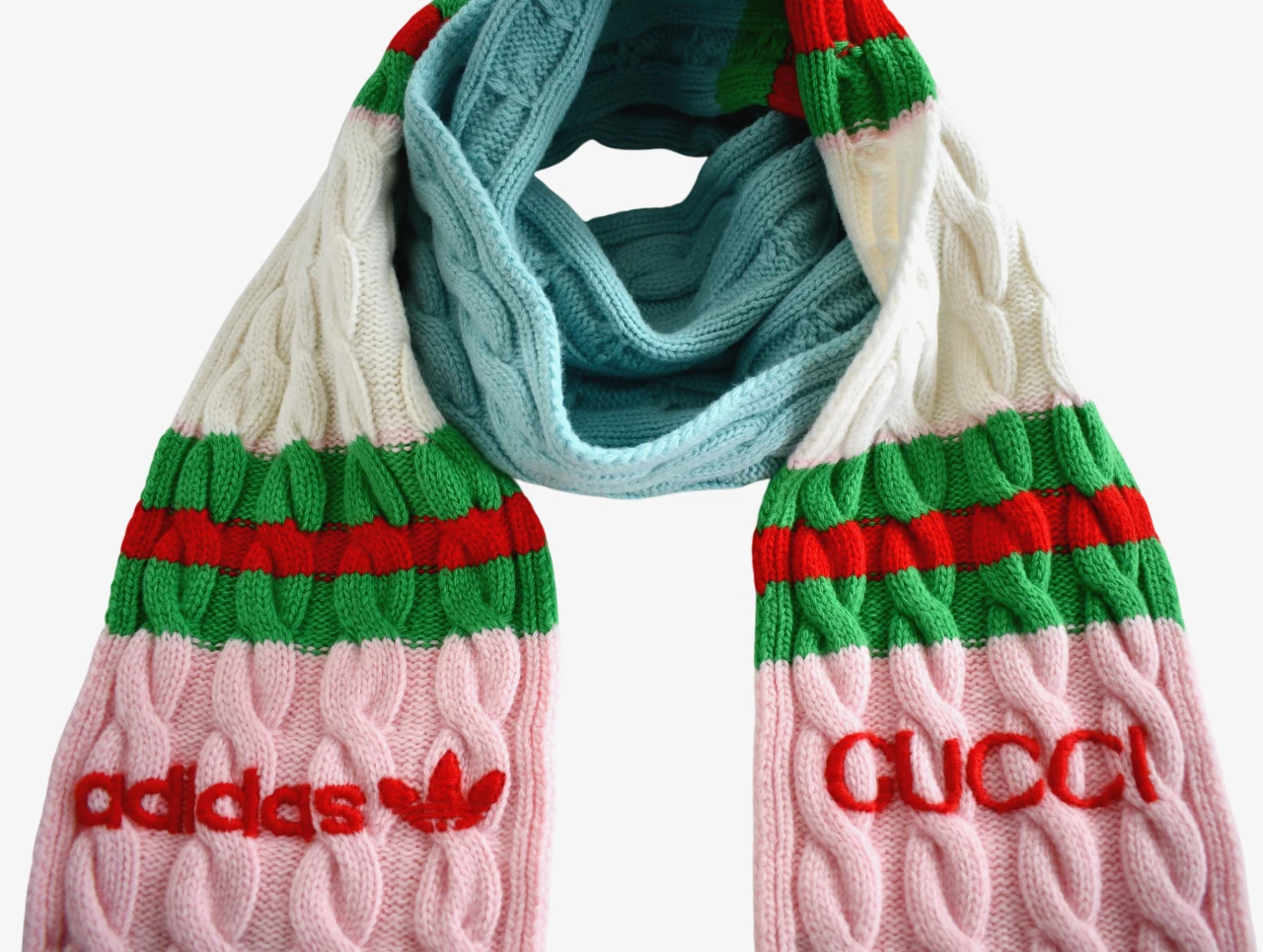 ?️NEUF authentique GUCCI x ADIDAS 100% LAINE INTARSIA CÂBLE KNIT écharpe extra longue