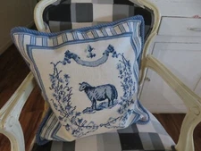 Aubusson style FRENCH COUNTRY Needlepoint Pillow Cover SHEEP Blue & White