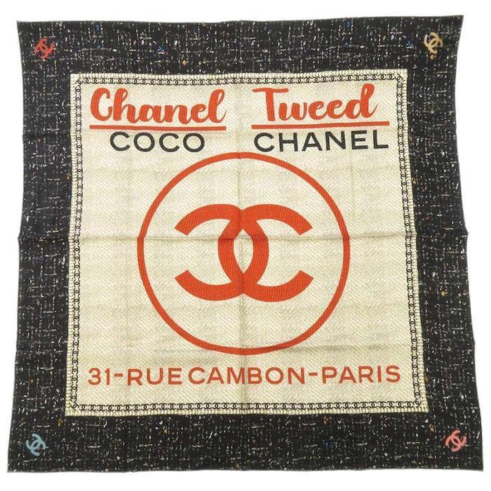 CHANEL Scarf Stole Tweed Coco Bandana Woman Silk 100% Auth