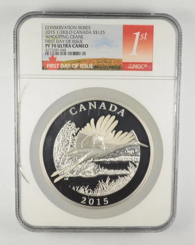 PF70UCAM 2015 Canada $125CAD Whooping Crane 1/2 Kilo Silver FDOI NGC Crack *3539